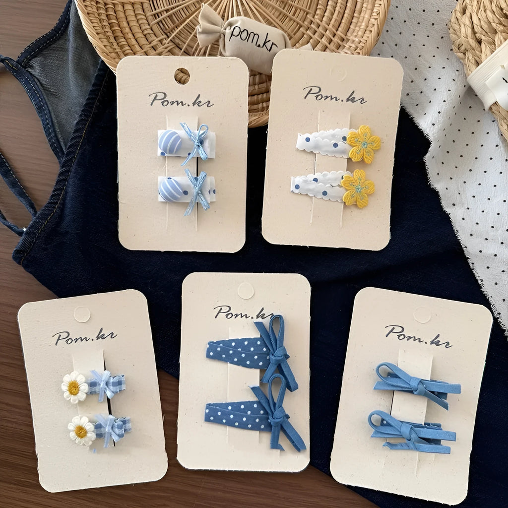 Children's fabric hair clips set with five bow styles triangle and duckbill barrettes