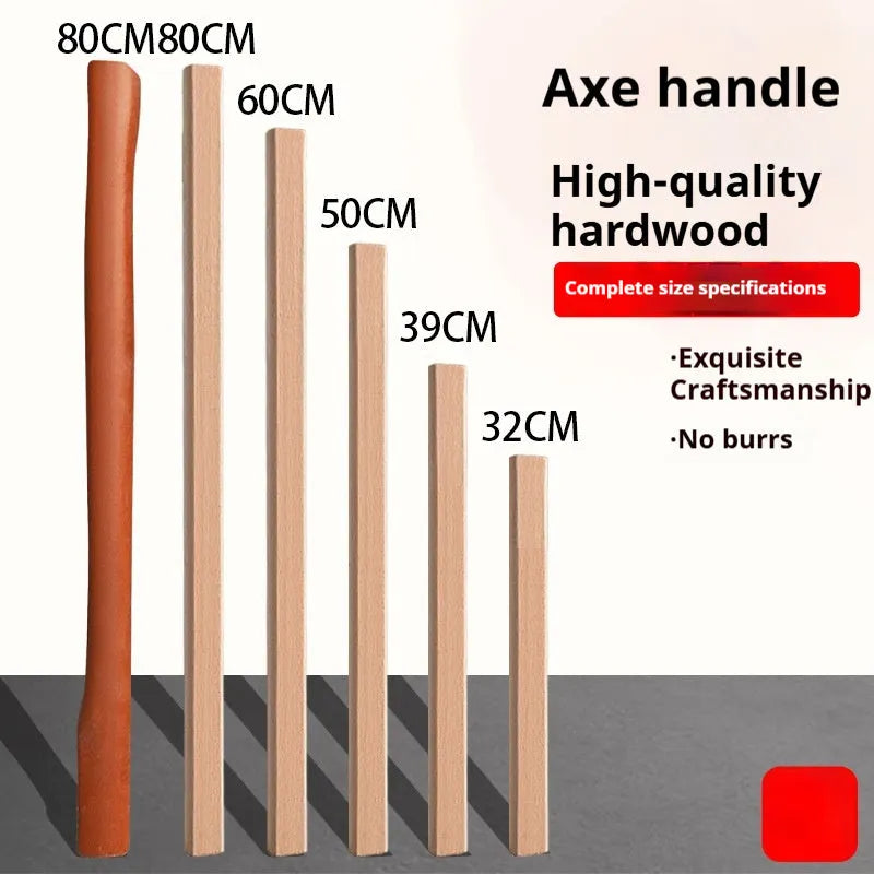 Selection of locust wood tool handles including square-type axe handles, a hoof hoe handle, and sickle handles on a workbench.