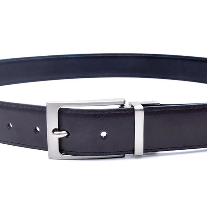 Men's brown and black genuine leather belt with rotating metal pin buckle showing length measurement