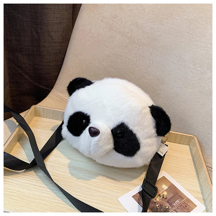 Soft plush cylindrical crossbody bag with panda head print, showing sandwich pocket