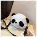 Soft plush cylindrical crossbody bag with panda head print, showing sandwich pocket