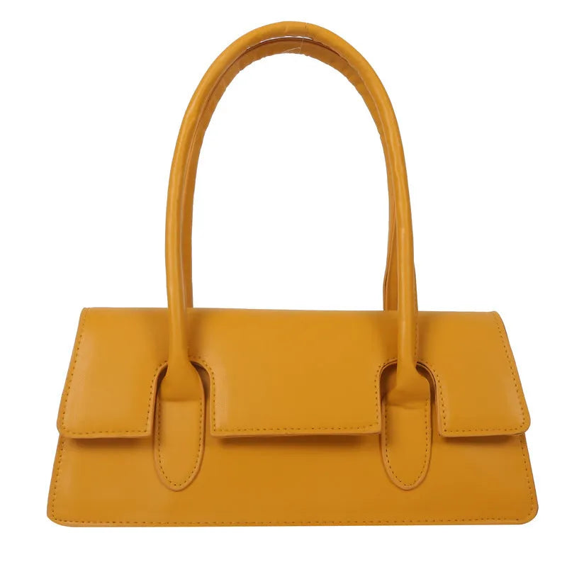 Women's black PU leather square handbag with single shoulder strap and stitching detail