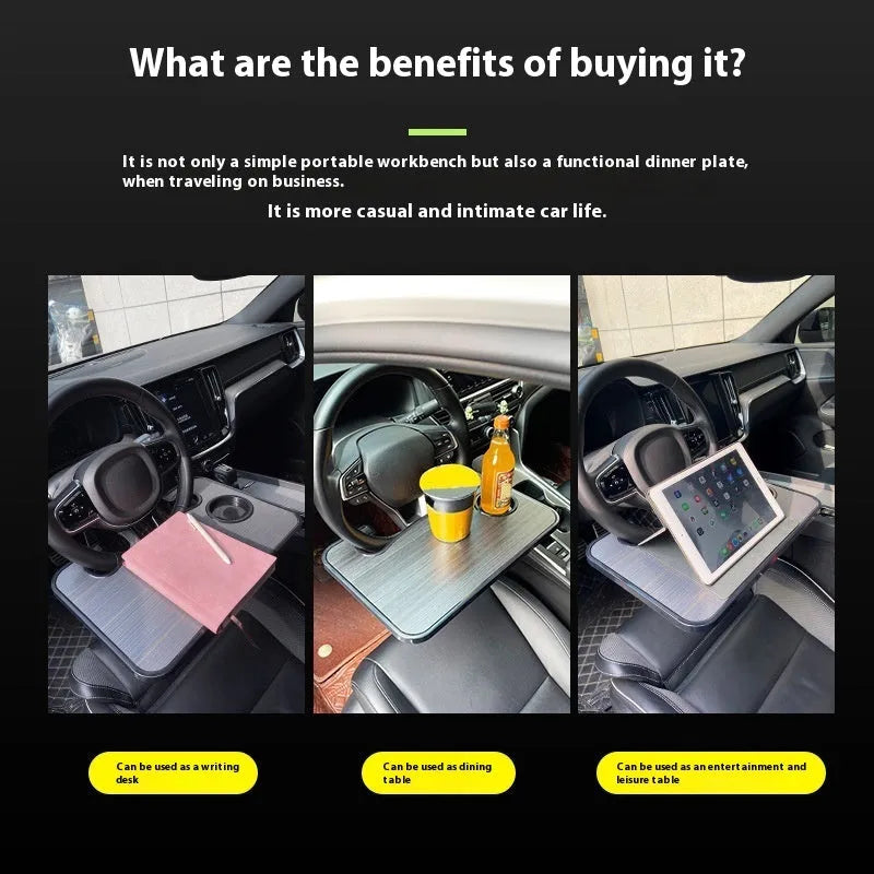 Portable black ABS plastic car steering wheel laptop stand with foldable drink cup holder on vehicle steering wheel