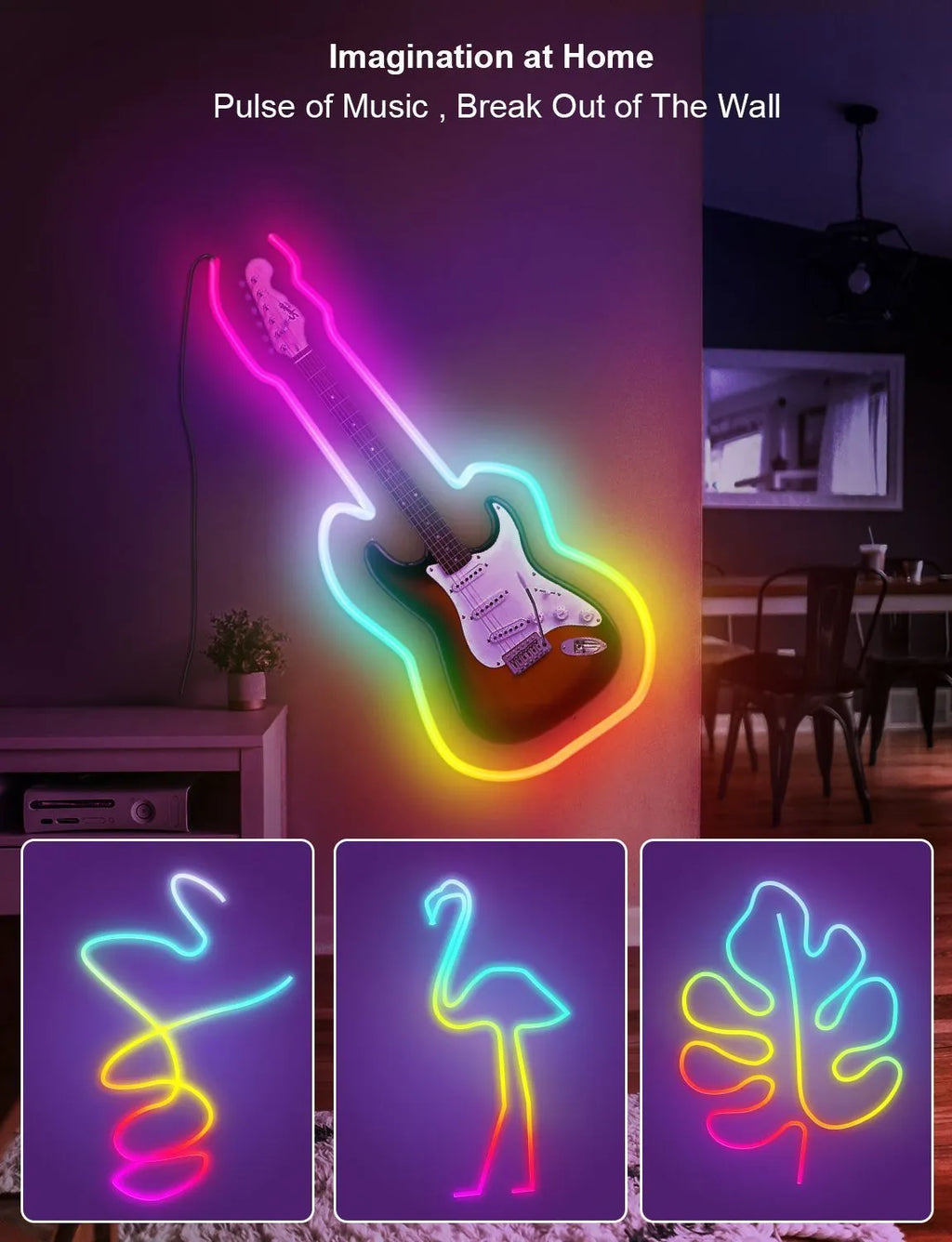 3 metre USB RGB neon light strip with remote control showing colour-changing effects
