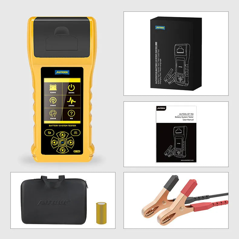 Autool BT760 colour screen vehicle battery tester with clip leads and printed diagnostic receipt.