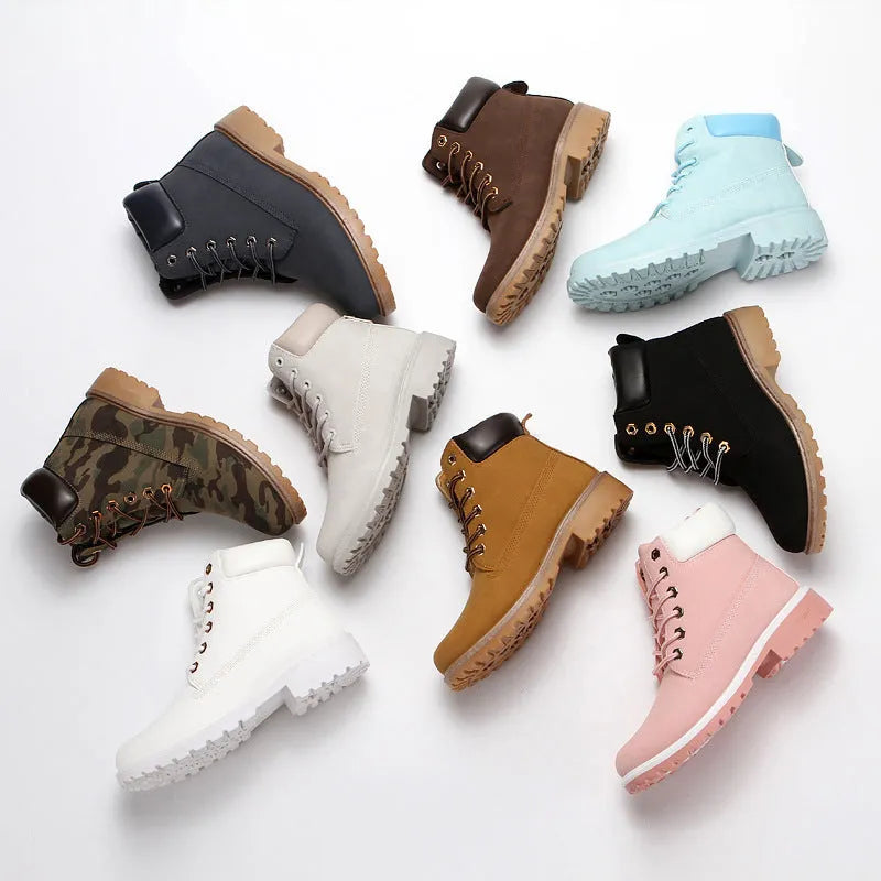 Men's pink Martin boots with velvet lining showing round toe and front lace-up design