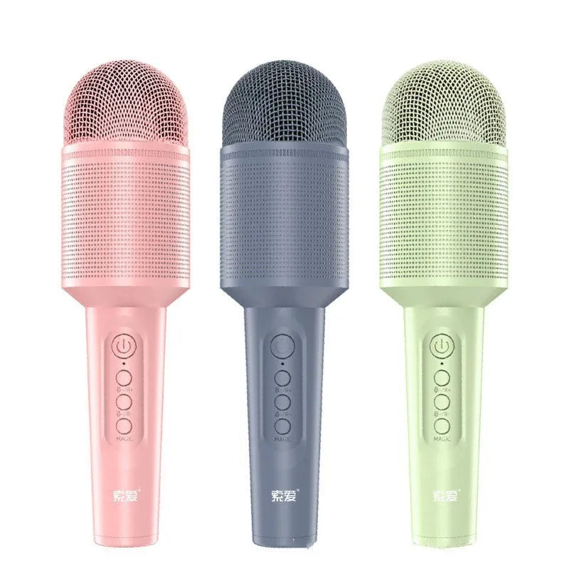 USB Bluetooth karaoke microphone in blue, green, or pink colours with integrated audio system