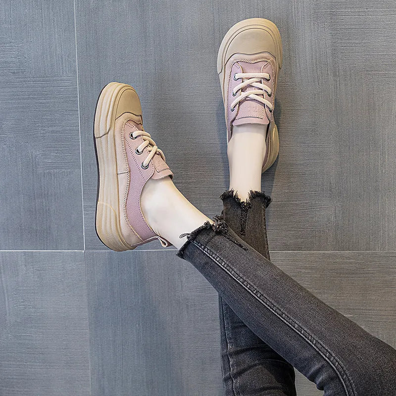 Women's leather platform sneakers in matcha green, orange, and purple colours showing round toe and lace-up design