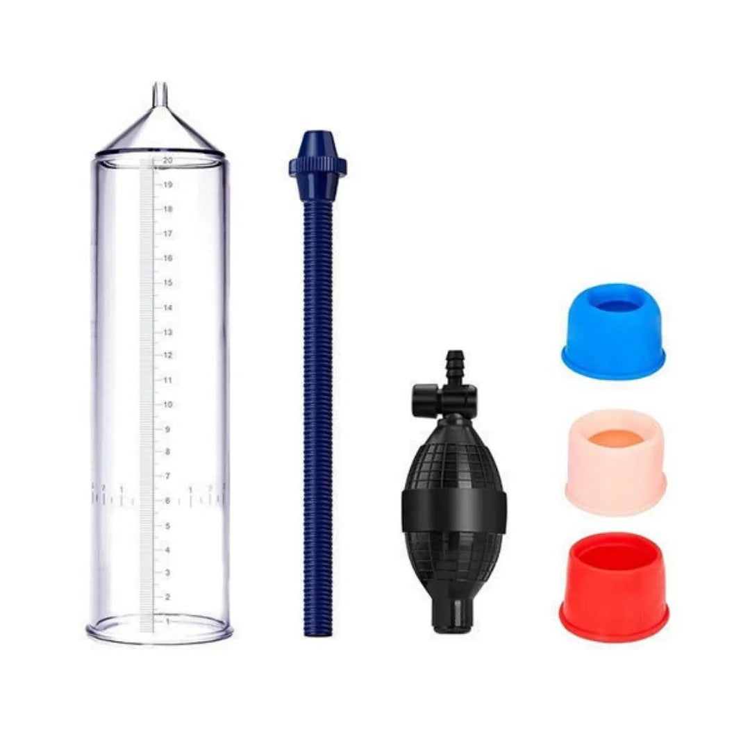 Silicone cover replacement set for a male manual exercise machine with bulb and sealing rings.
