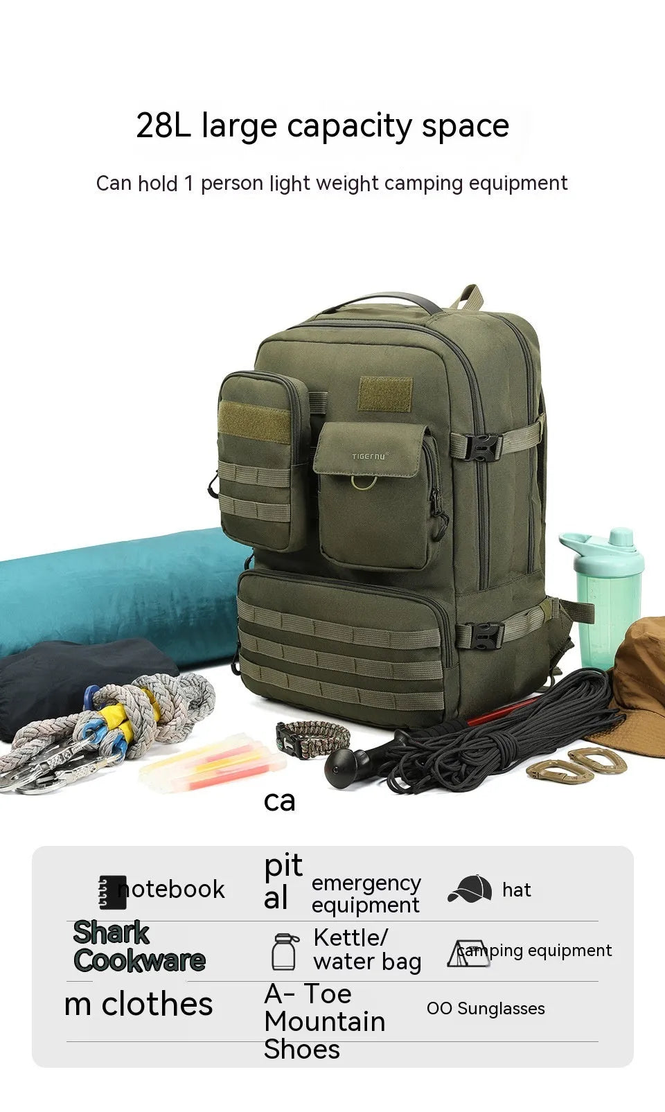 17-inch tactical backpack in army green or black with 20-35L capacity for outdoor use