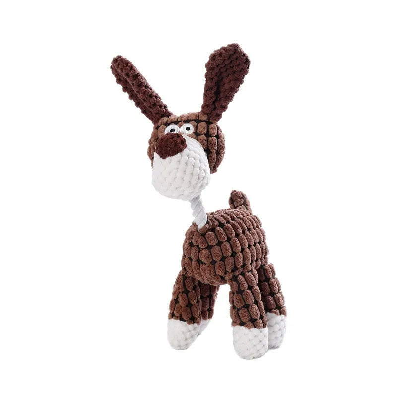 Bite-resistant plush puppy toy showing rechargeable duck and donkey styles in multiple colours for teething relief