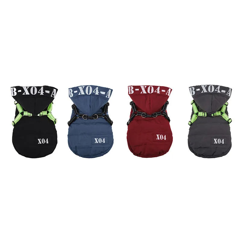 Red fleece-lined waterproof dog winter jacket with hood on a medium-sized dog