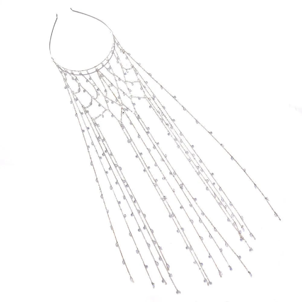 Mesh tassel rhinestone headband hair accessory in gold or silver electroplated colour