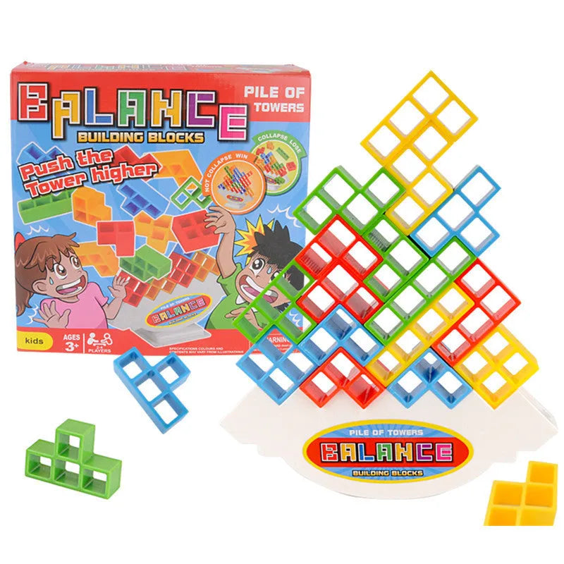 Plastic balance stacking game with 16 colourful building blocks, chassis and base on table