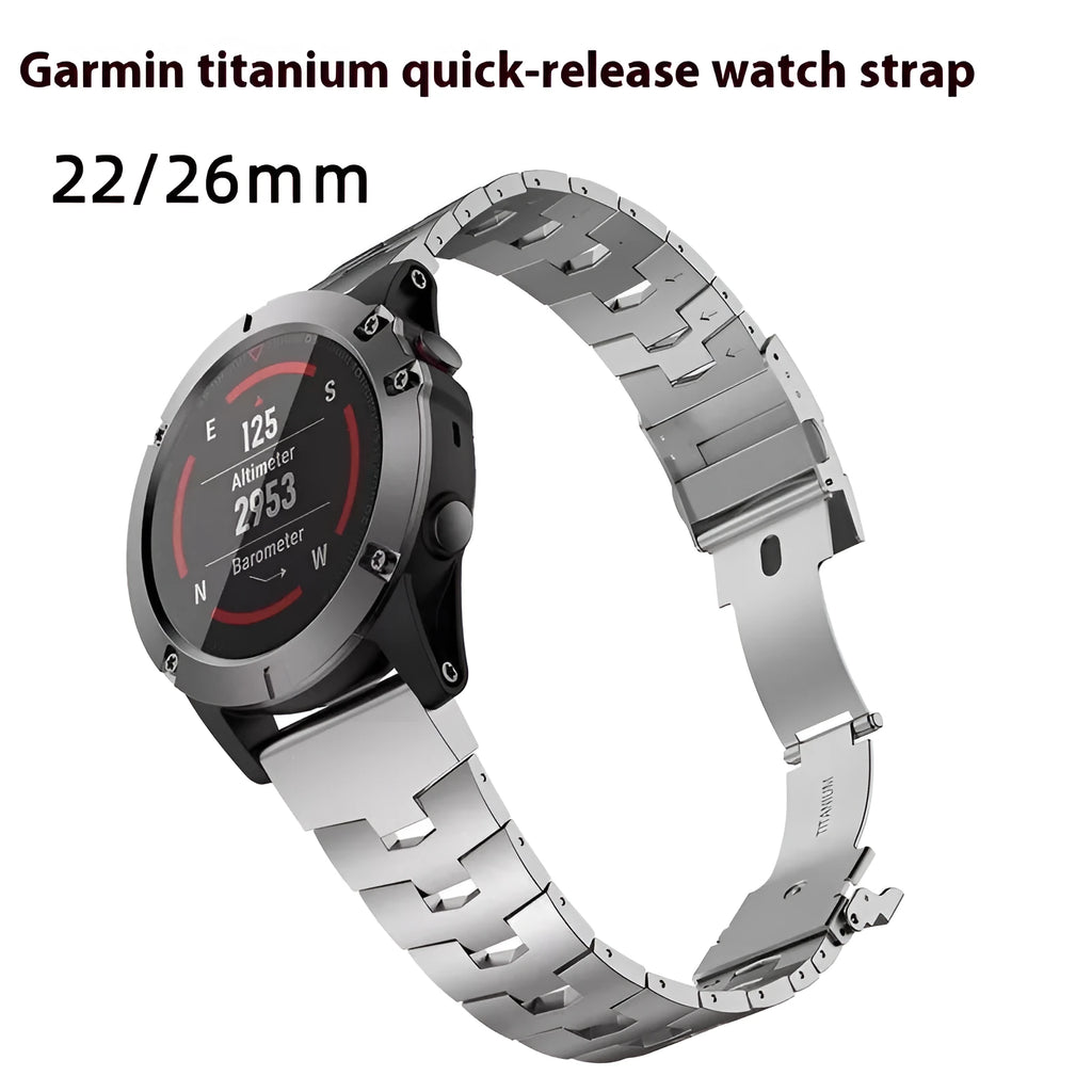 Silver metal replacement strap for Garmin Fenix Jiaming watch on grey background