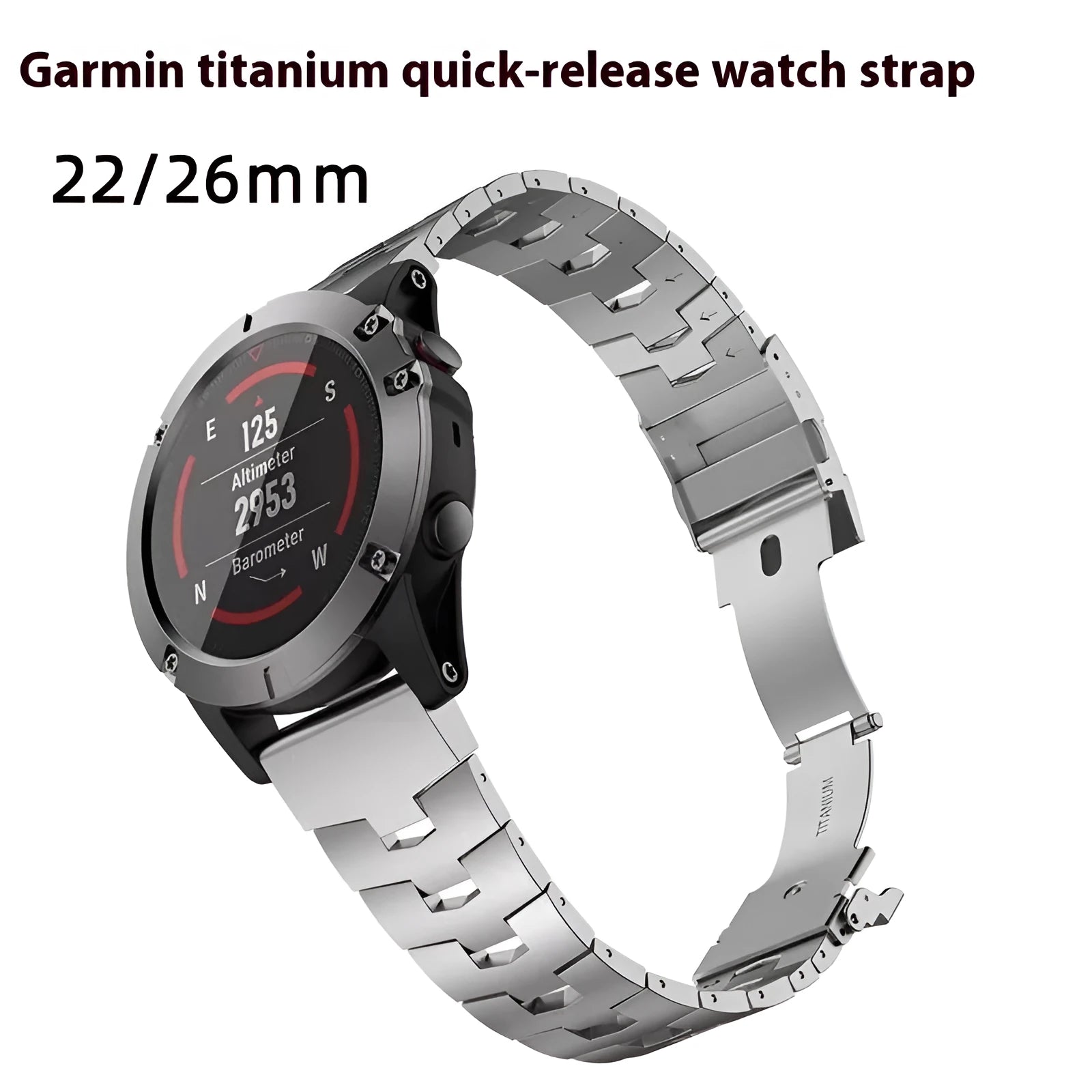 Silver metal replacement strap for Garmin Fenix Jiaming watch on grey background