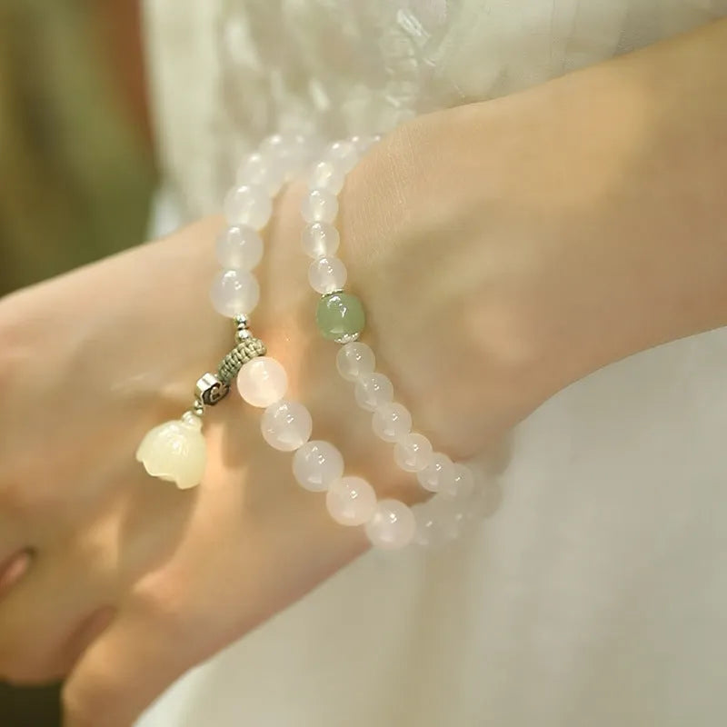 Original niche design S925 silver white agate Hetian jade bracelet with lotus geometry pattern