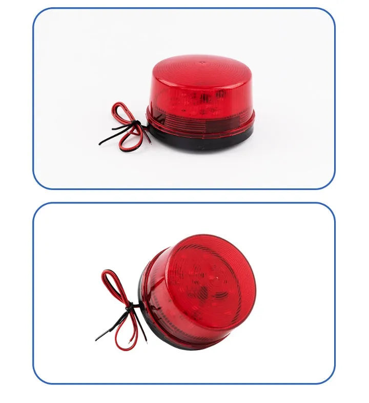 24V warning alarm light unit showing compact 73mm diameter design with LED strobe and audible alarm components