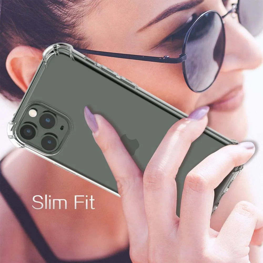 Clear transparent shockproof TPU phone case for iPhone models on a table.
