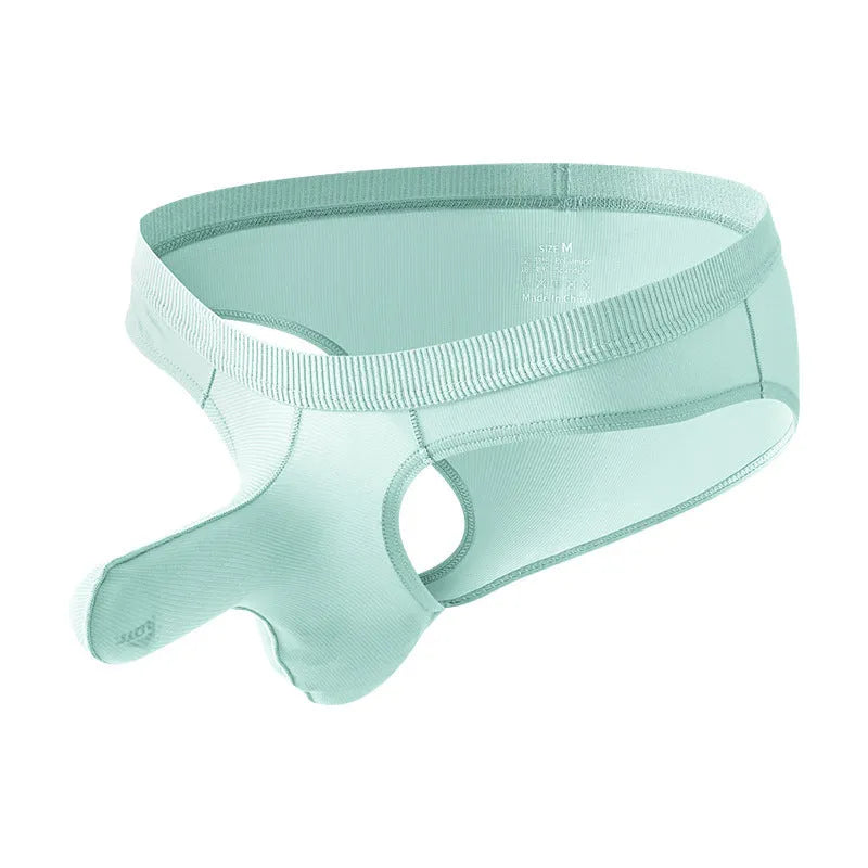 Men's low waist ice silk briefs in black, shown flat to display the classic briefs cut and elasticated waistband.