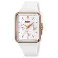 Square analogue silicone watch for women in white rose gold colour on a wrist, showing slim profile.