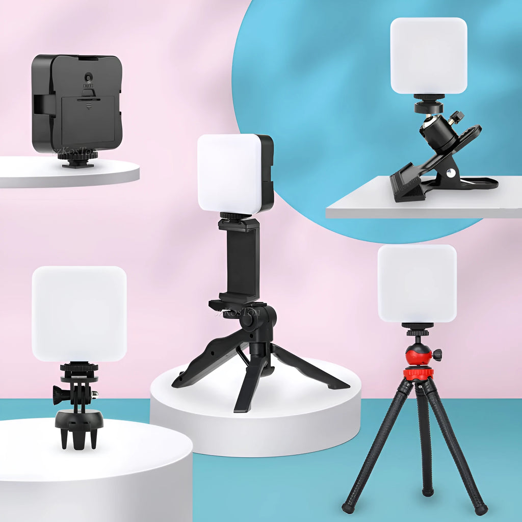 Compact square LED outdoor flash unit with mini tripod, showing rotatable head and scale indicating 7.3cm size.