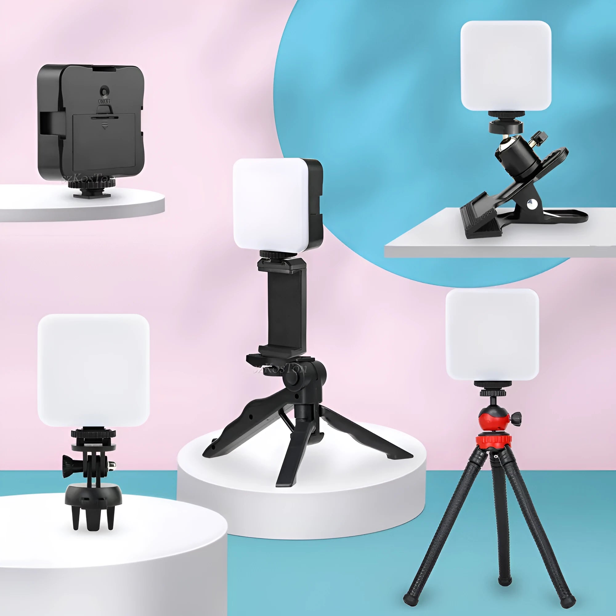 Compact square LED outdoor flash unit with mini tripod, showing rotatable head and scale indicating 7.3cm size.