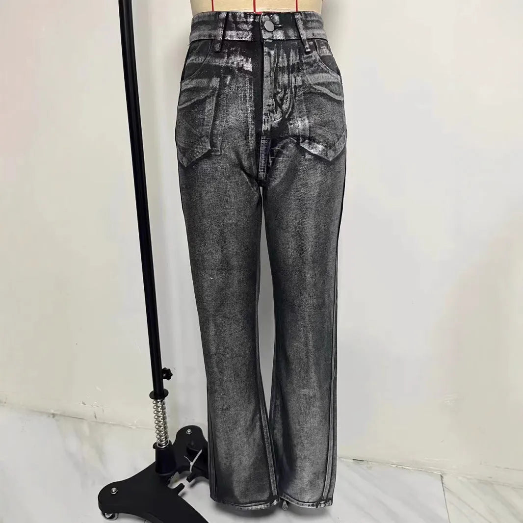 Washed blue high-waist straight-leg jeans with contrast colour detailing on a denim background.
