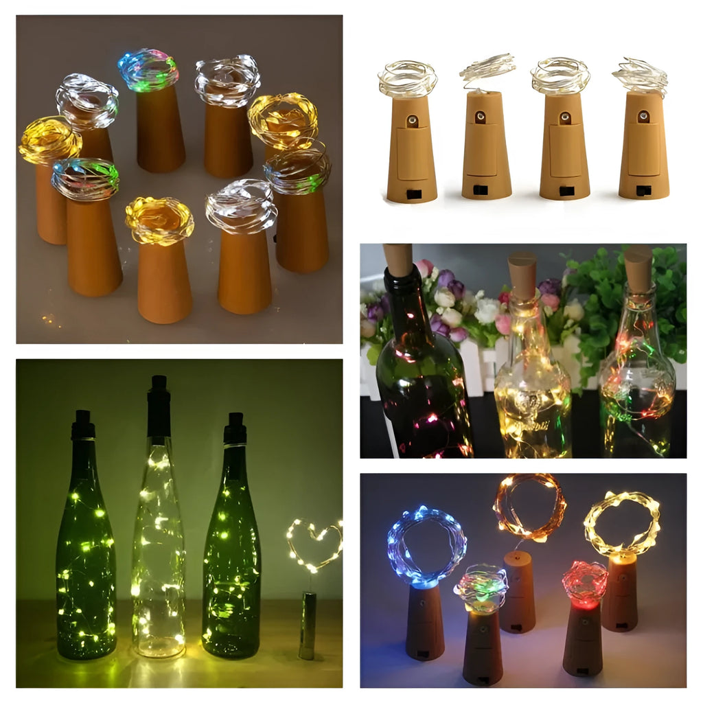 2 metre long copper wire LED light string wrapped around a glass wine bottle with 20 small white LEDs.