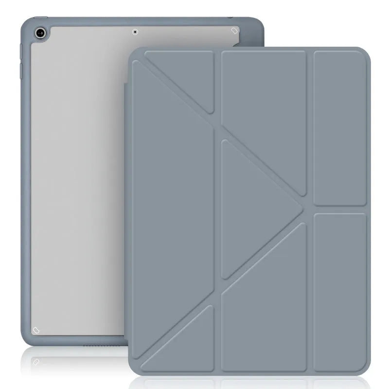 Acrylic Y-folding imitation leather iPad case in dark grey, showing stand mode and integrated pen slot.