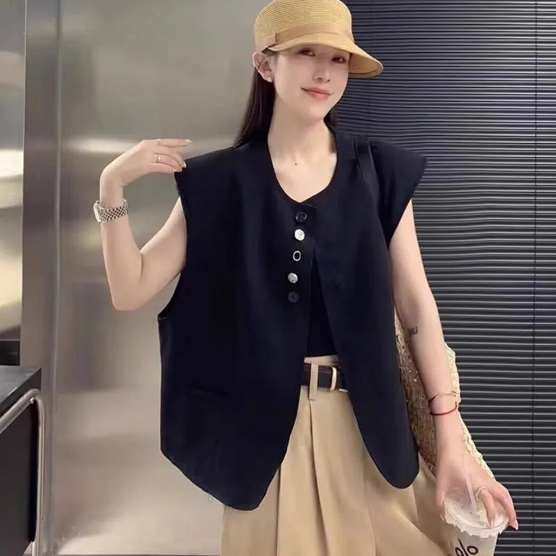 Loose-fitting women's vest in polyester fabric with short 40cm length and pockets.
