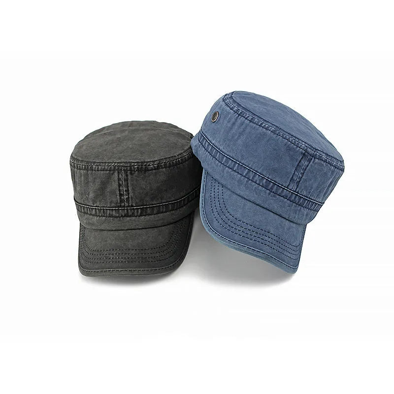 Cotton flat top military cap in army green with adjustable back strap