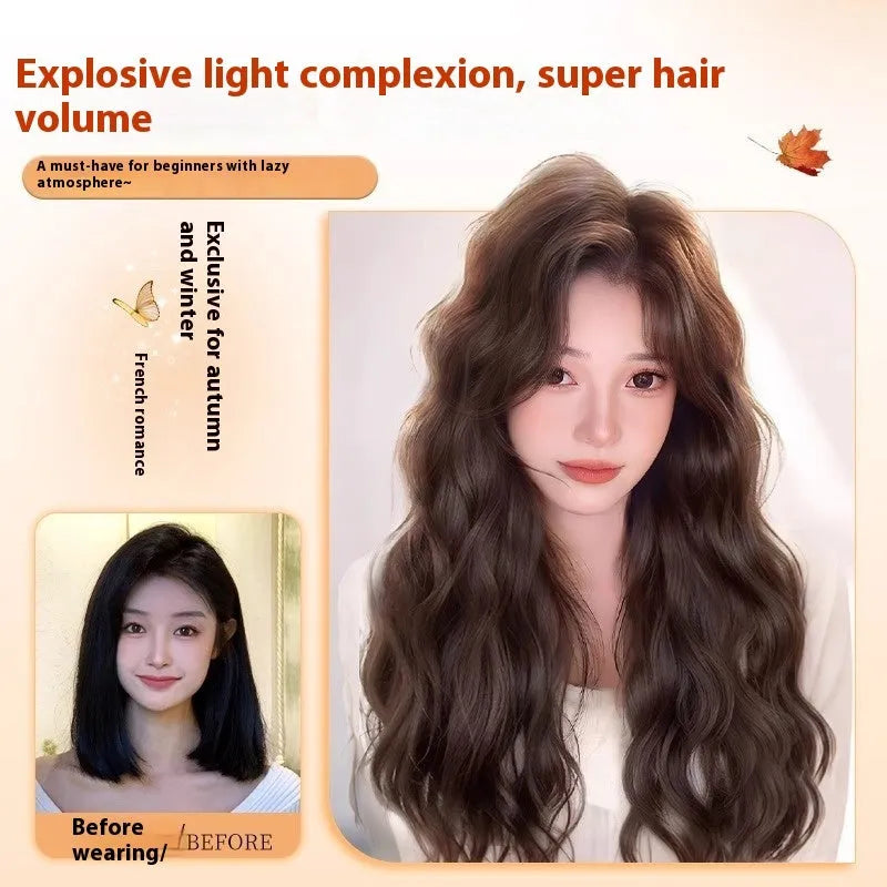 Women's long curly full-head wig with side fringe in high-temperature fibre