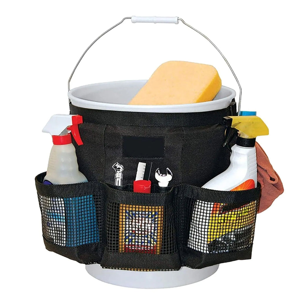 Black cylindrical polyester hanging storage bag designed to fit a 5 gallon barrel.