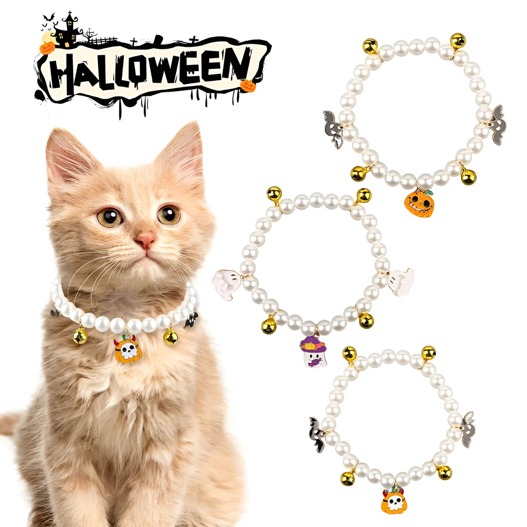 Halloween cat collar decoration with simulated pearls in purple ghost, skull, and smiling pumpkin designs.