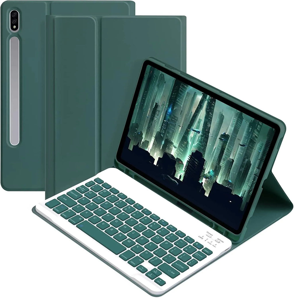 Samsung tablet inside a black TPU case with a Bluetooth keyboard and charging mouse on a desk.