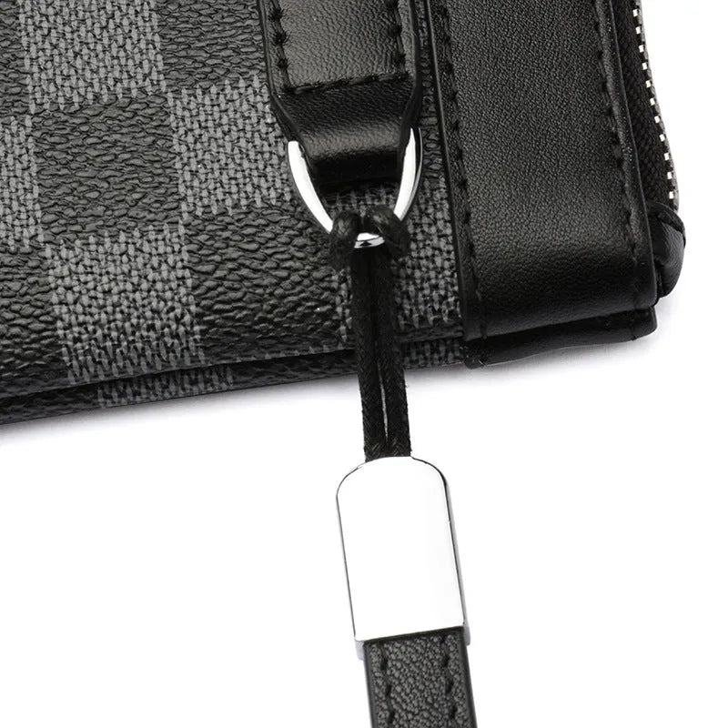 Black men's leather clutch wallet showing cowhide texture and 20x10cm dimensions