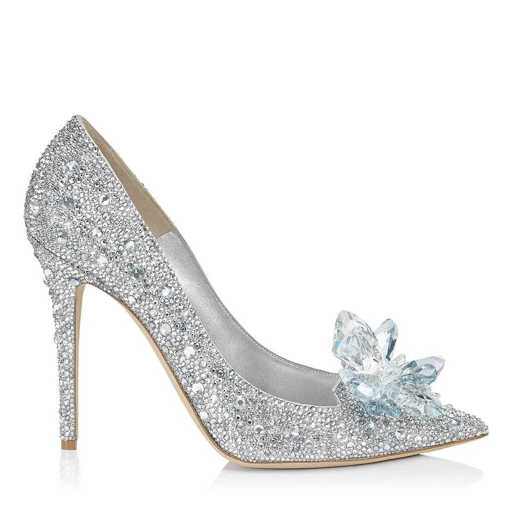 Women's gold pointed toe stiletto heels with sequin cloth upper and rhinestone decoration
