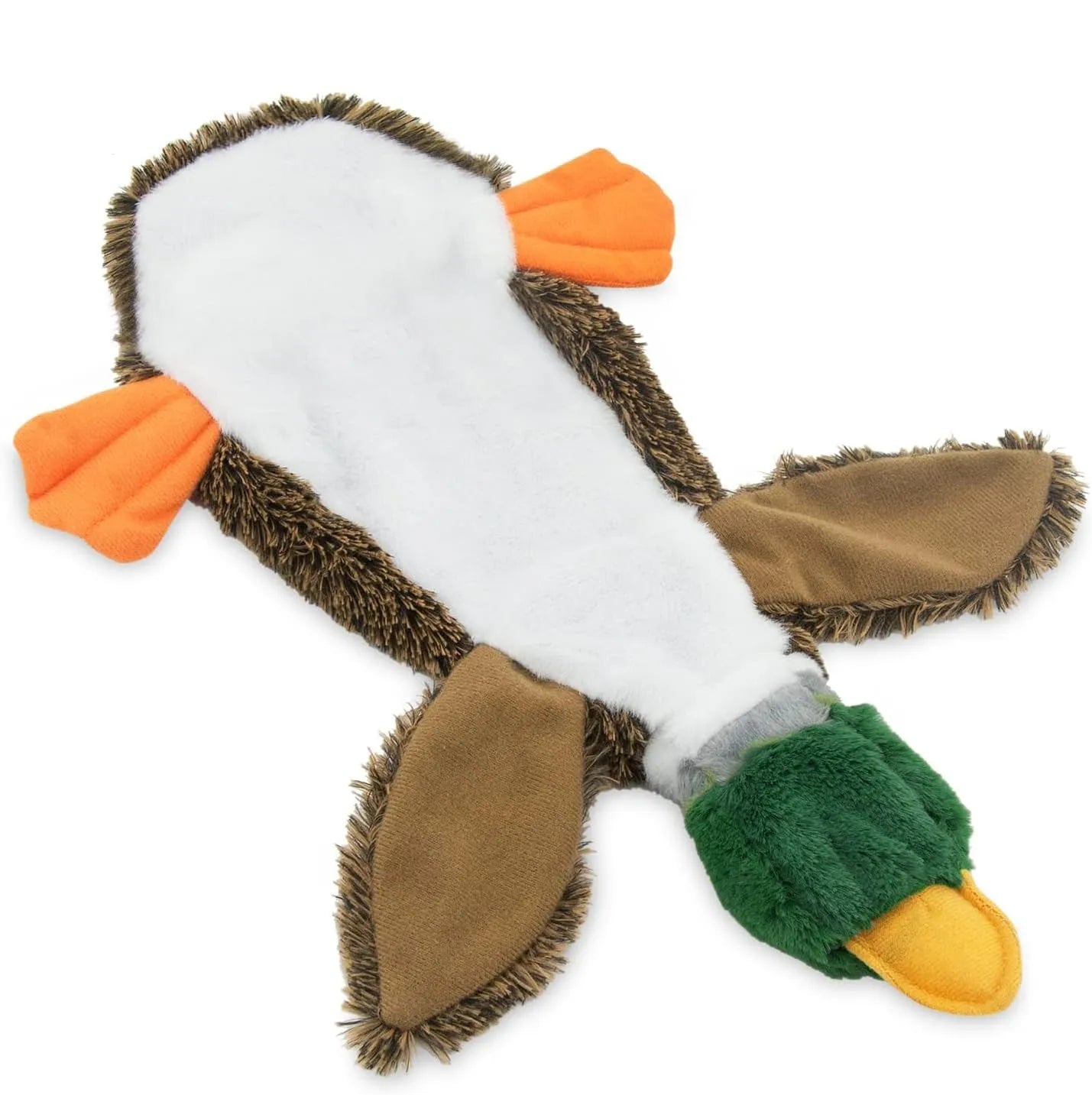 Green plush duck dog toy with stuffless design, squeakers in head and tail, cavity for bottle insertion
