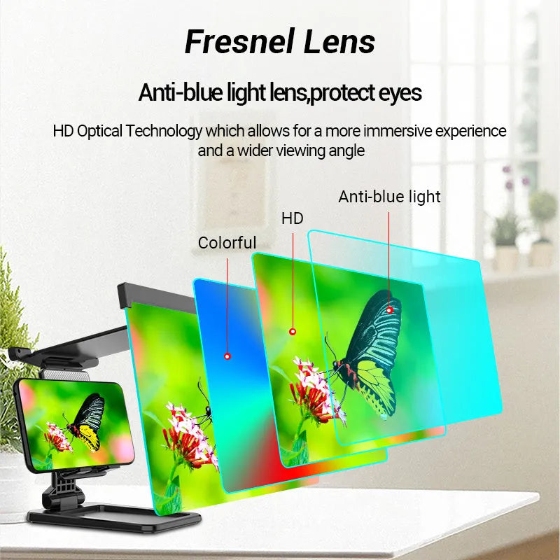 Black mobile phone screen amplifier with detachable phone holder on desktop surface