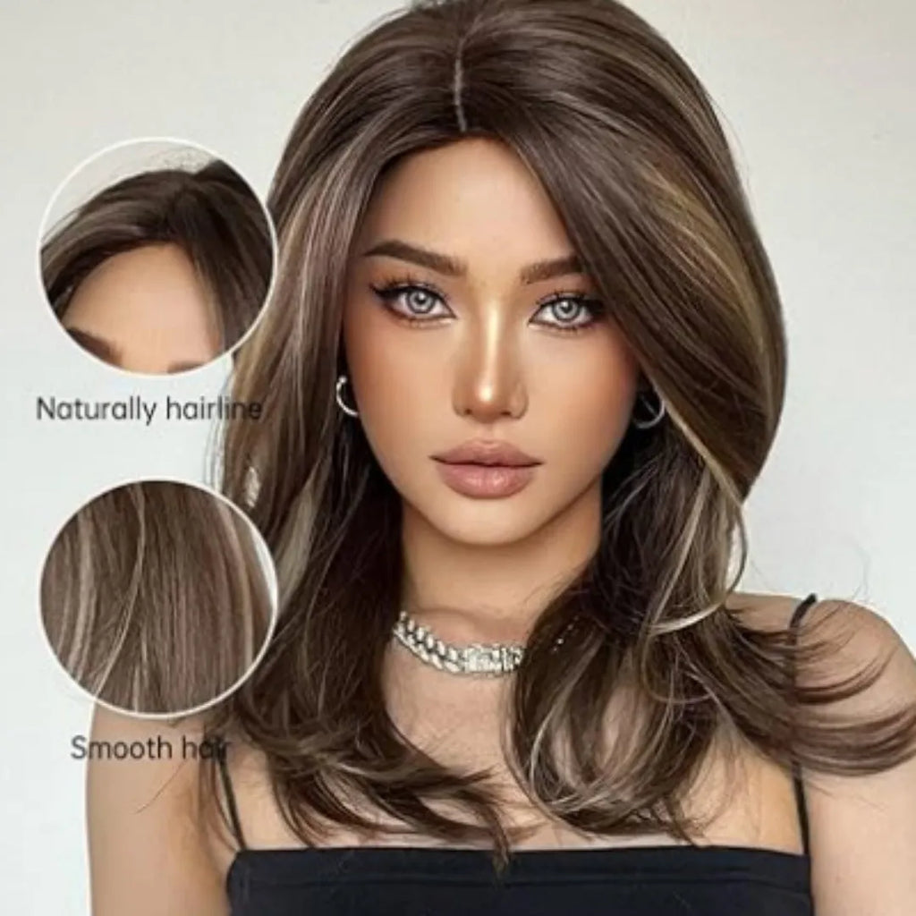 Mid-length platinum gradient colour full-head wig with long curly hair and bangs