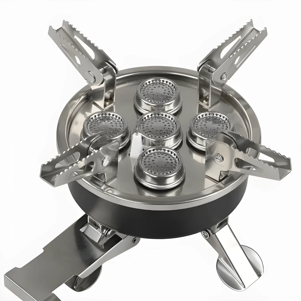 Silver stainless steel and copper portable split camping stove with foldable design and 100cm hose