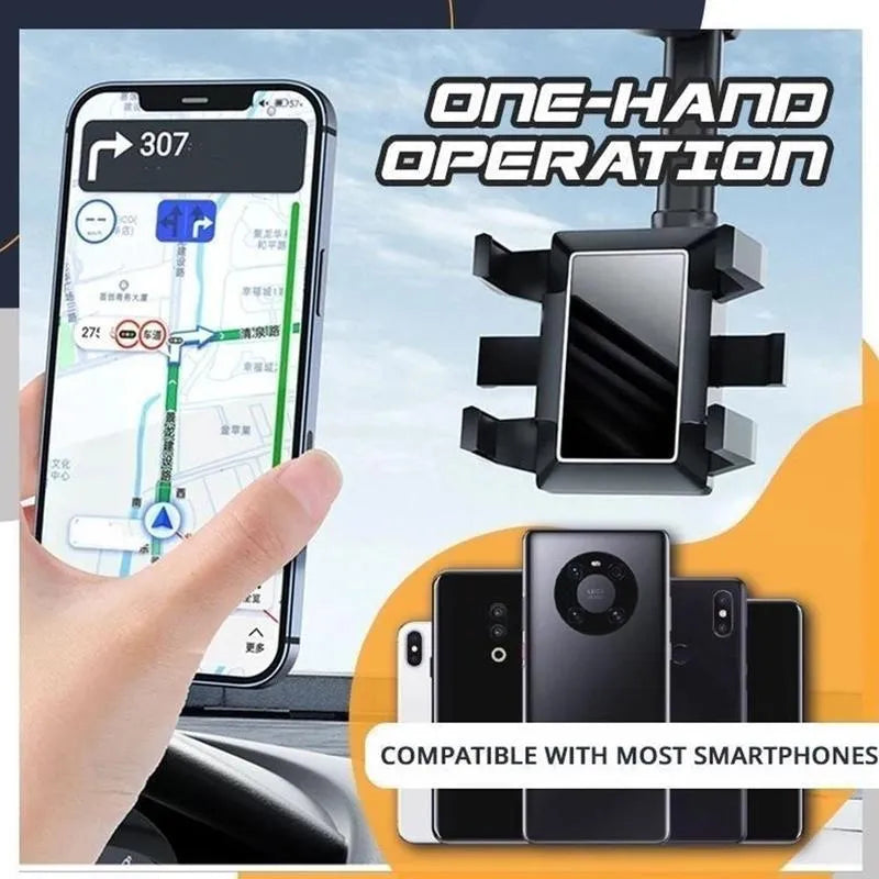 Black rearview mirror car phone holder showing adjustable arm and universal four-claw phone grip.