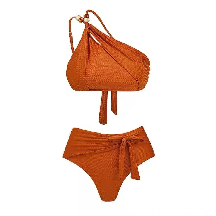 Women's high-waisted push-up bikini with chiffon split skirt in black, brown or green