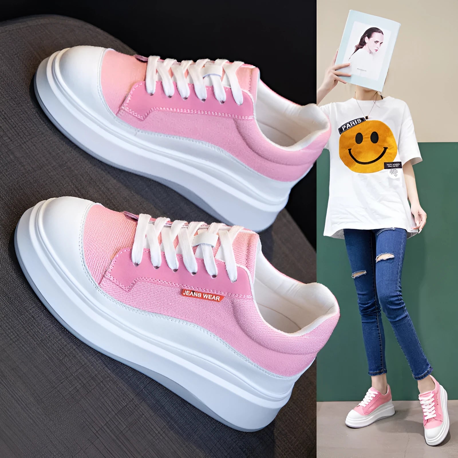 Women's beige and pink cowhide leather board shoes with a thick sole for height increase.