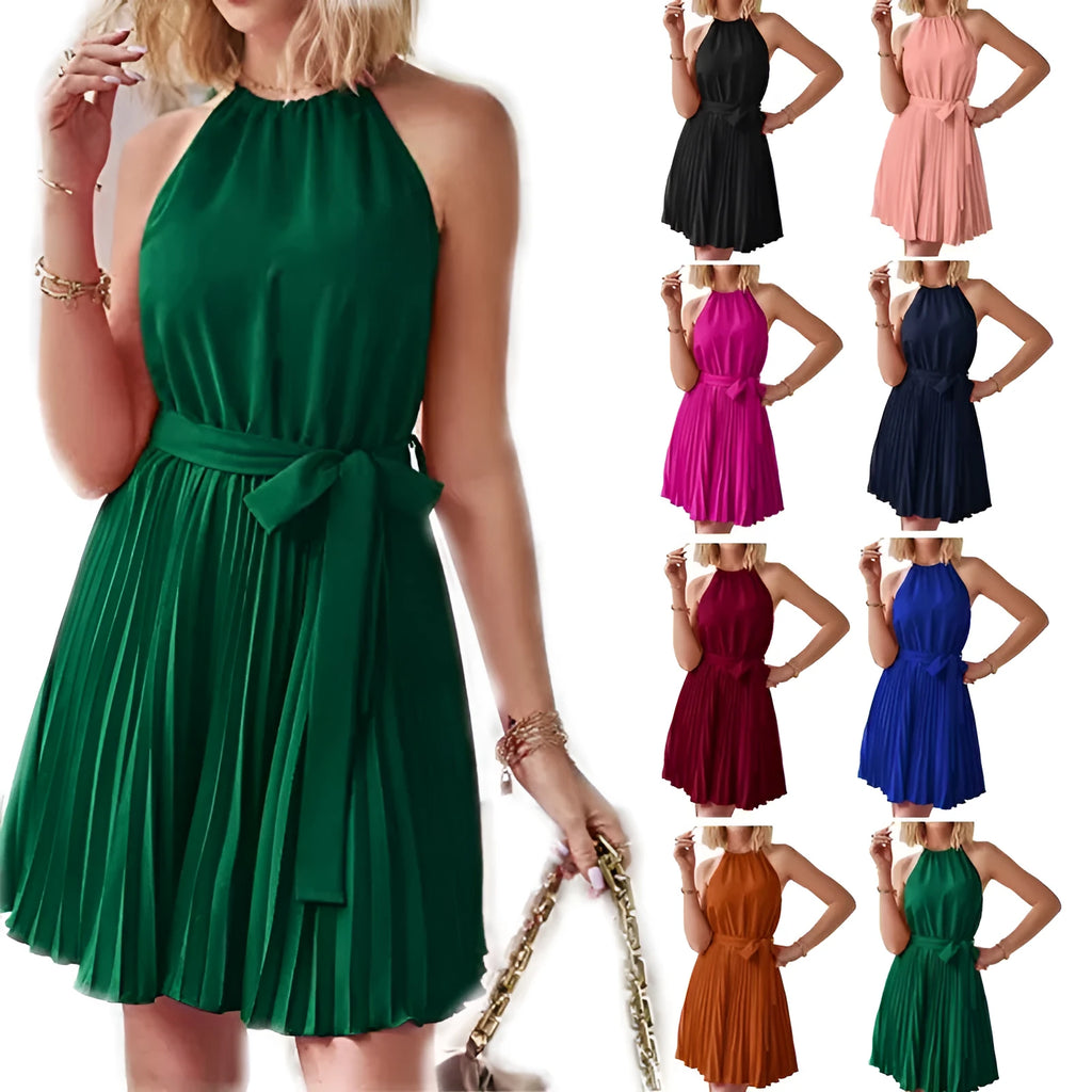 Women's black halter neck strapless dress with pleated chiffon skirt and adjustable waist belt