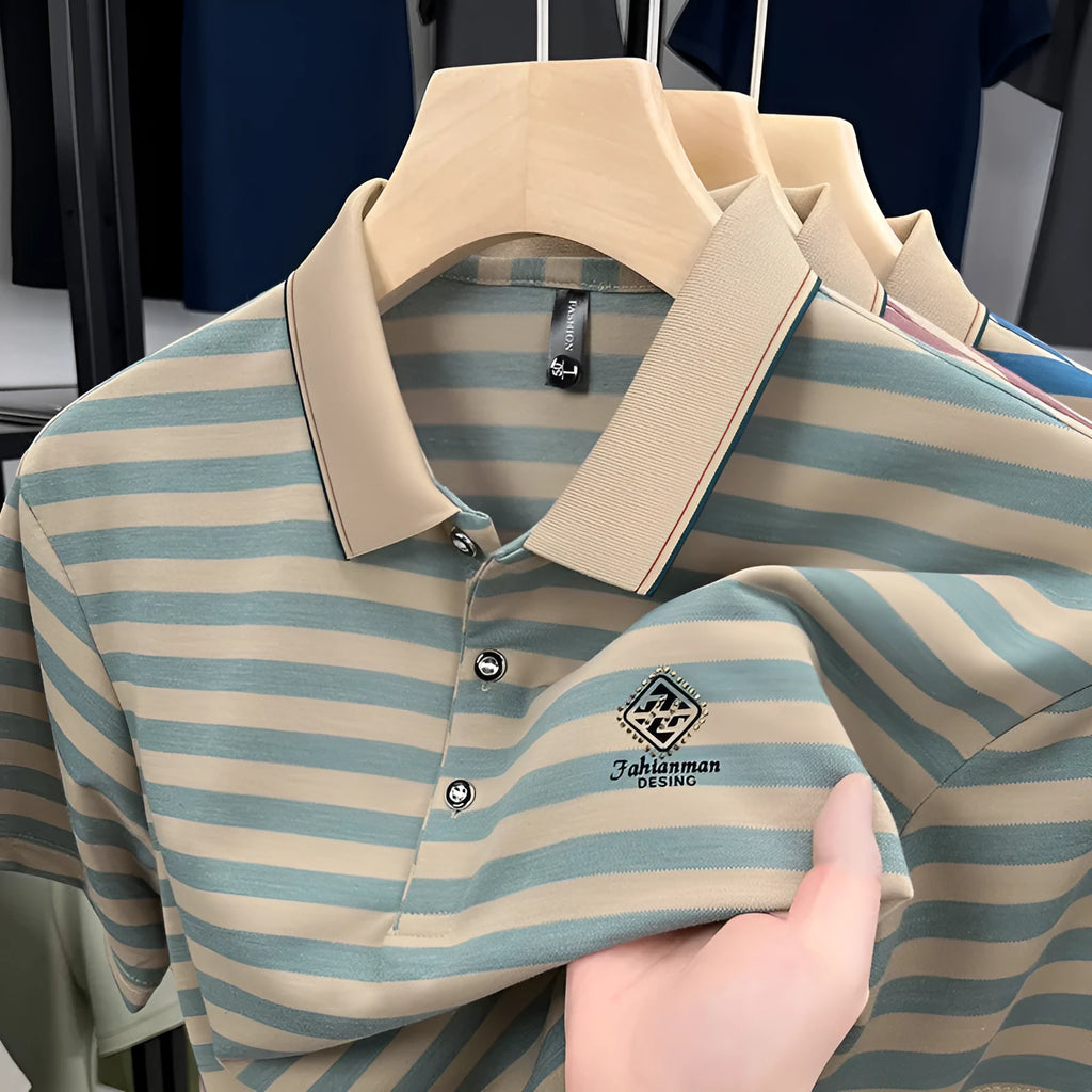 Red striped men's short sleeve t-shirt with mosaic pattern detail on a mannequin.