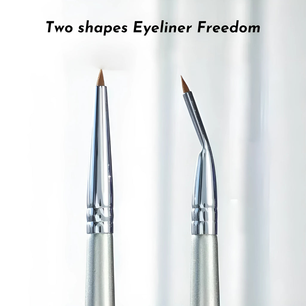 Angled bend head eyeliner makeup brush for detail eye work and tear trough application.