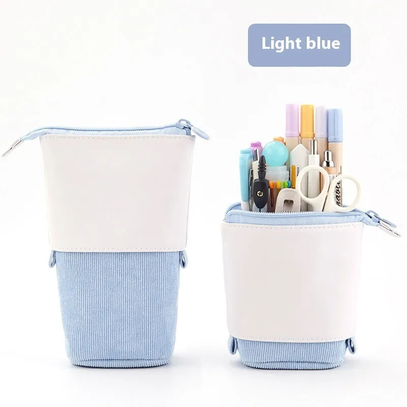 Korean style drop-down telescopic stationery case in cotton and linen with PU corduroy exterior