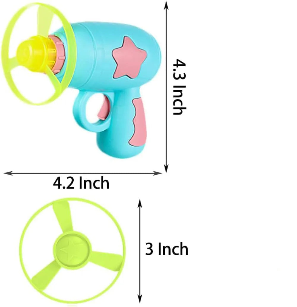 Blue or pink plastic cat toy gun with two Frisbee discs for indoor play.